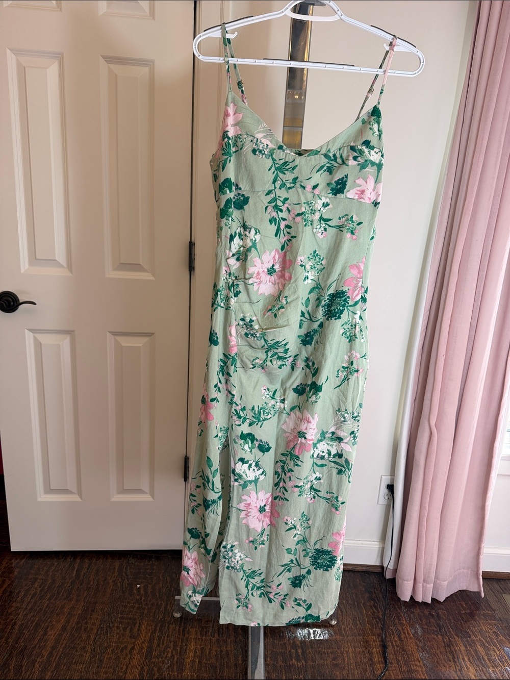 Zara Sage Green Floral Maxi Dress with Pink Blooms
